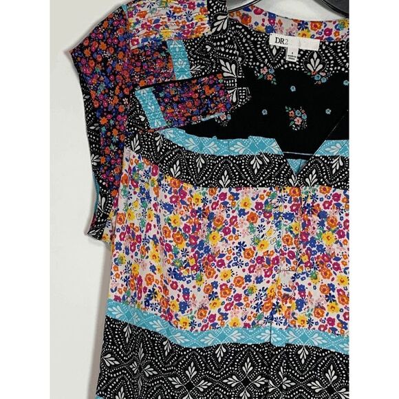 DR2 Women's Multicolor Floral Short Sleeve V Neck Casual Tunic Blouse Top Small - Picture 5 of 12